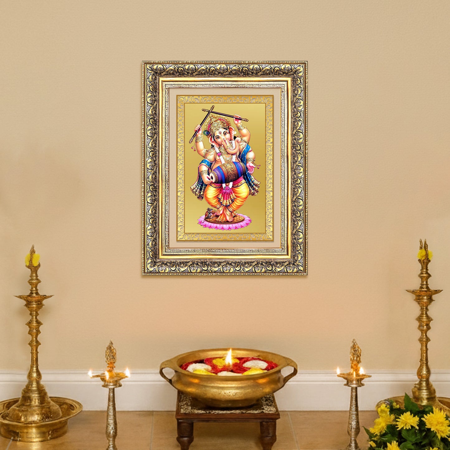 Diviniti 24K Gold Plated Dancing Ganesha (Classic) Divine Wall Frame for Home Mandir & Office Decor | Luxury Spiritual Gift