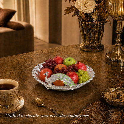 Diviniti Green Peacock German Silver Dry Fruit Bowl with Gift Box