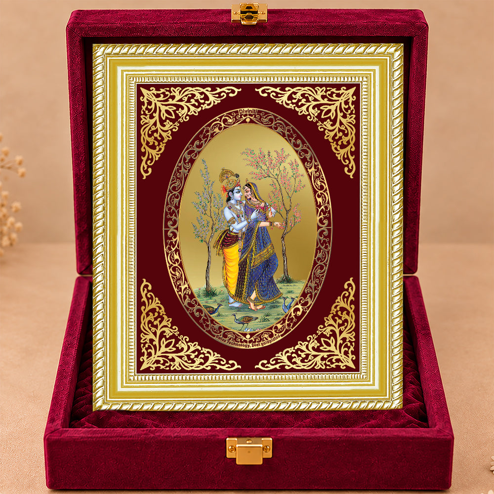 24K Gold-Plated Radha Krishna with Peacock Frame | Premium Gift Box | 26x20 CM