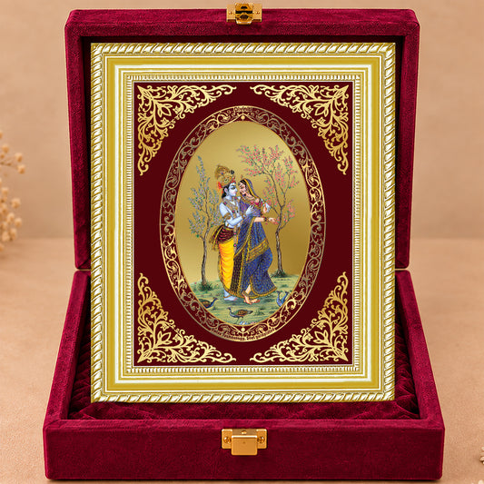 24K Gold-Plated Radha Krishna with Peacock Frame | Premium Gift Box | 26x20 CM