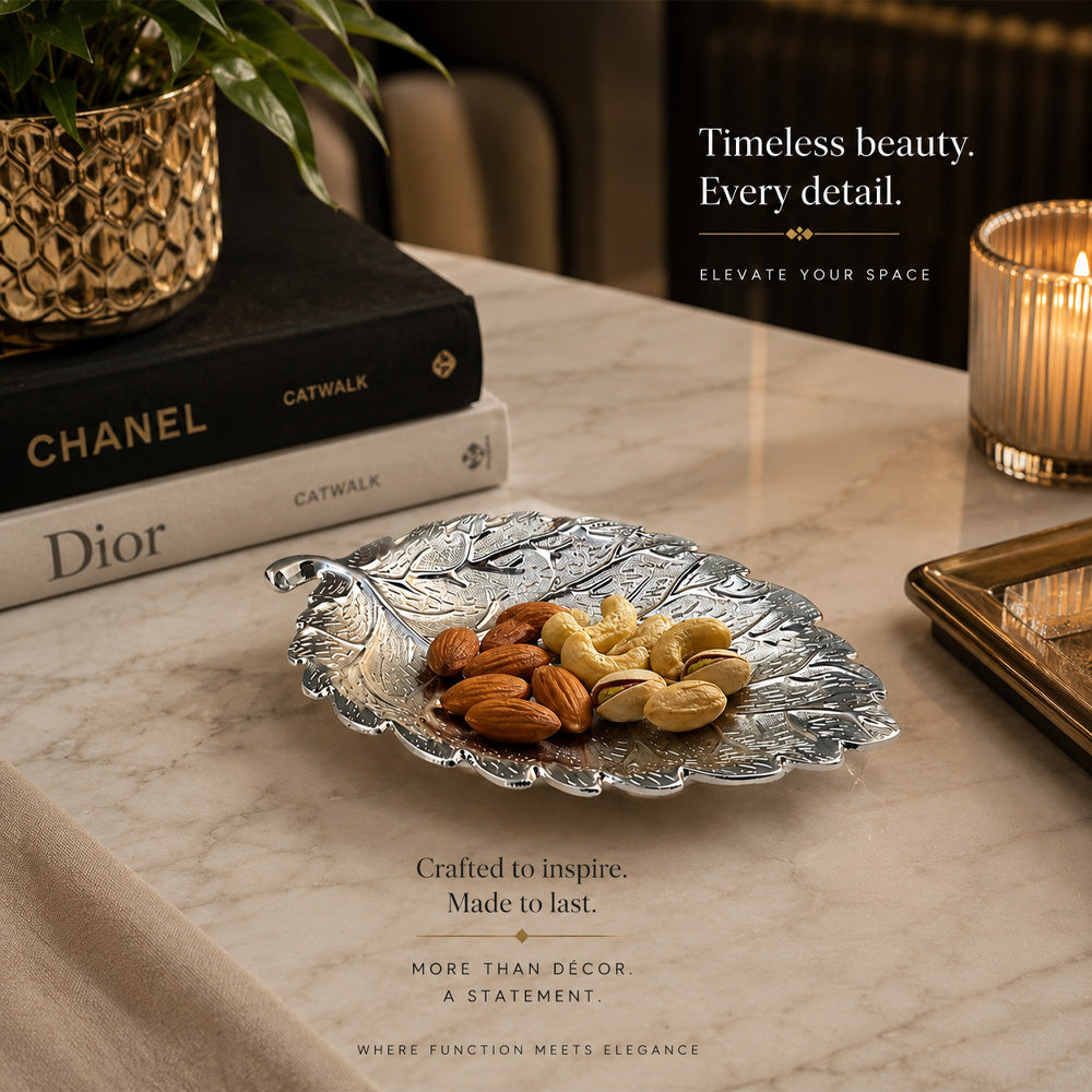Diviniti Silver-Plated Leaf Decorative Platter | Luxury Long Leaf Serving Tray for Home & Table Décor