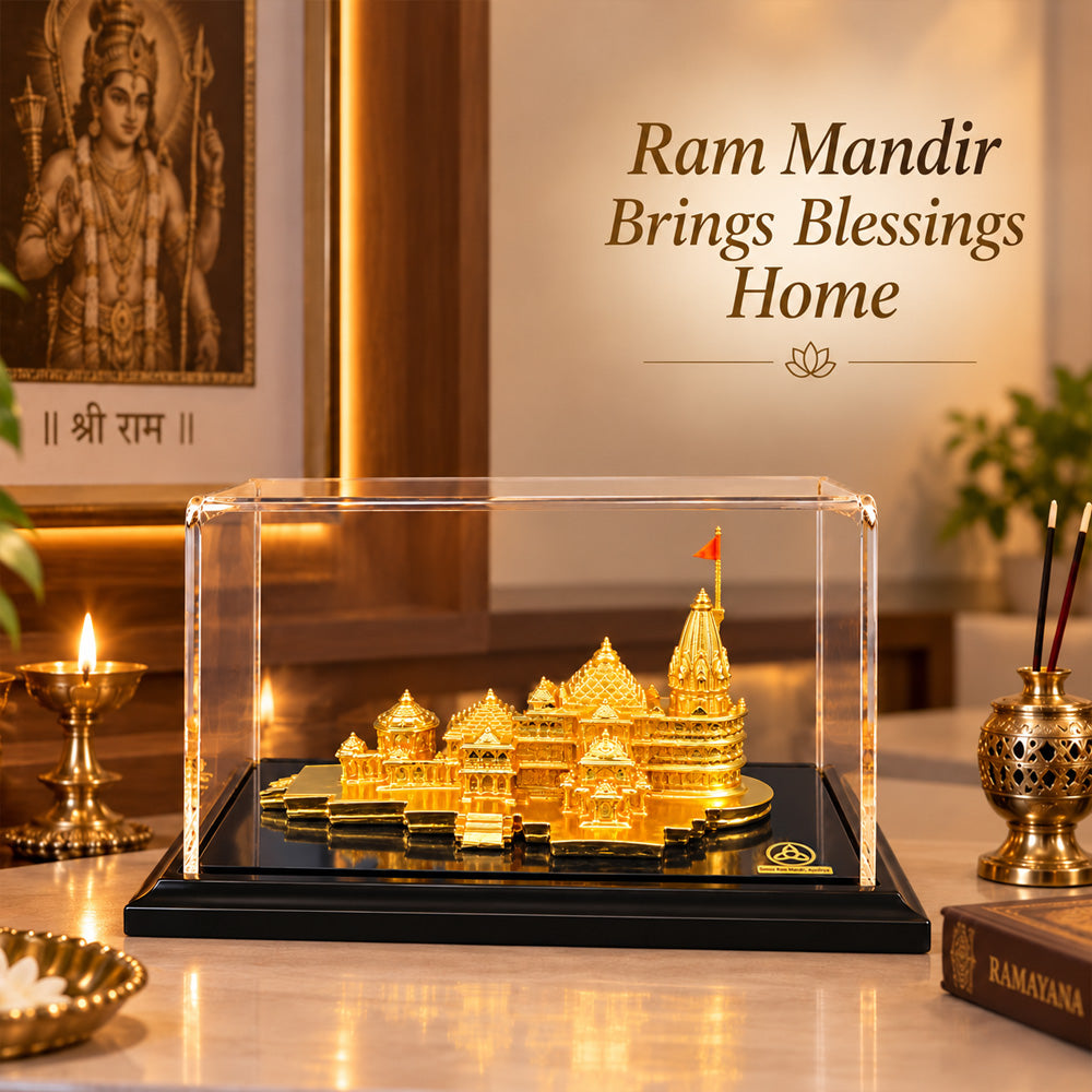 24K Gold-Plated Ram Mandir Showpiece | Premium Gift Box | 12x23 CM