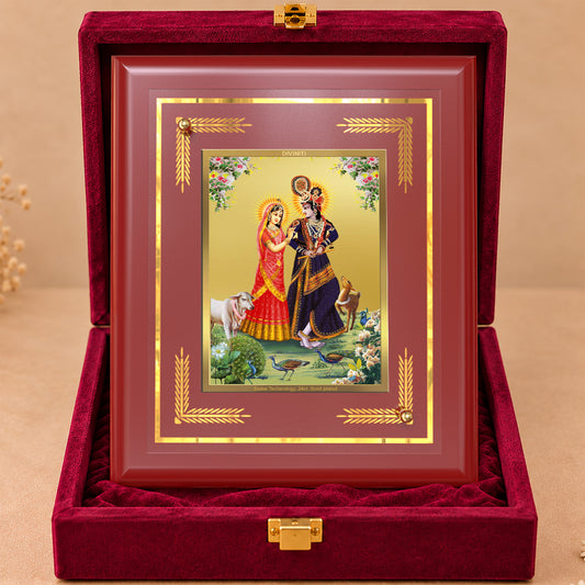 24K Gold-Plated Radha Krishna with Cow MDF Frame | Premium Gift Box | 13.5x16 CM