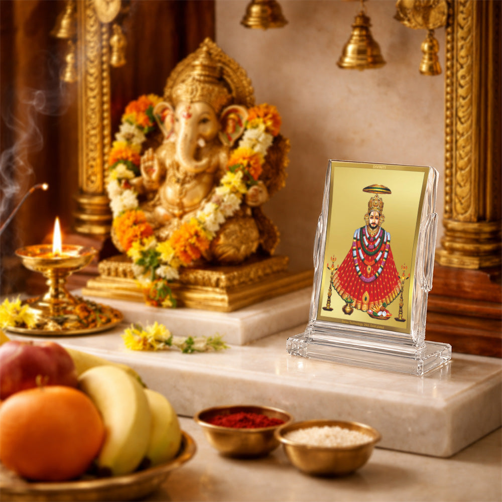 24K Gold-Plated Khatu Shyam Ji Acrylic Car Dashboard Frame | 11x7 CM