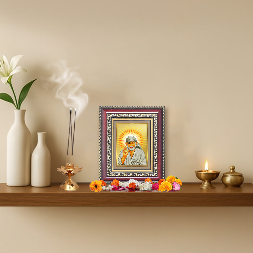 Diviniti 24K Gold Plated Sai Baba With Blessings (Classic) Divine Table Top Frame for Home Mandir & Office Decor | Luxury Spiritual Gift
