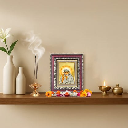 Diviniti 24K Gold Plated Sai Baba With Blessings (Classic) Divine Table Top Frame for Home Mandir & Office Decor | Luxury Spiritual Gift