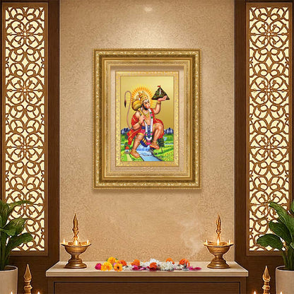 Diviniti 24K Gold Plated Hanuman With Mountain (Classic) Divine Wall Frame for Home Mandir & Office Decor | Luxury Spiritual Gift