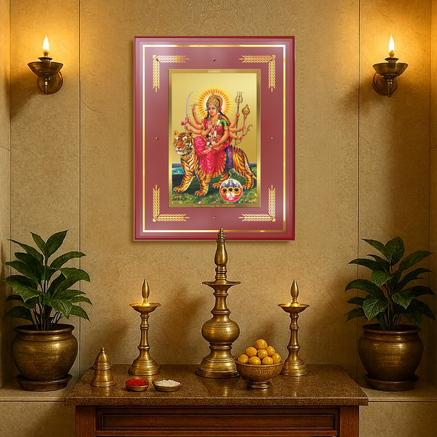 Durga Sherawali Mata with Pind | Divine Wall Mount Photo Frame in 24K Gold Plated Foil