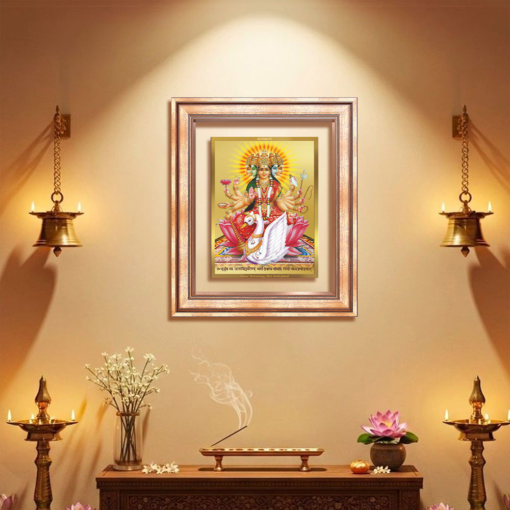 Diviniti 24K Gold Plated Gayatri Maa (Classic) Divine Wall Frame for Home Mandir & Office Decor | Luxury Spiritual Gift