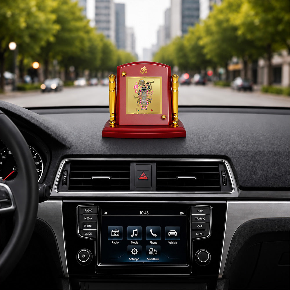 24K Gold-Plated Lord Shrinath Ji MDF Car Dashboard Frame | 7.5x9 CM