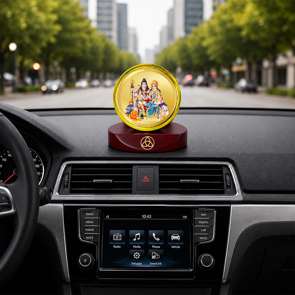 24K Gold-Plated Shiv Parivar Car Dashboard Frame | 5x5 CM