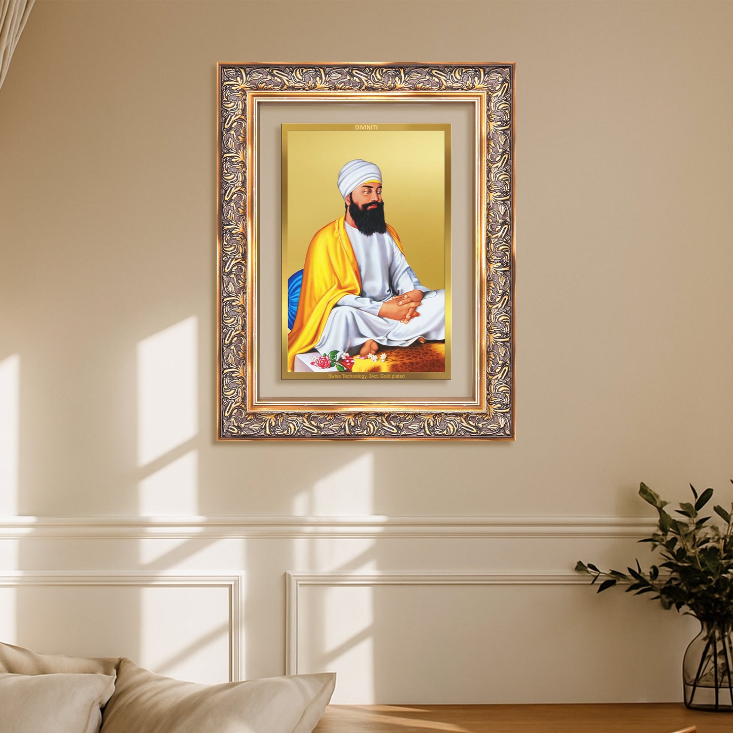 Diviniti 24K Gold Plated Guru Tegh Bahadur Sahib Ji (Classic) Sacred Sikh Wall Frame for Home Decor & Office Ambiance | Premium Spiritual Gift