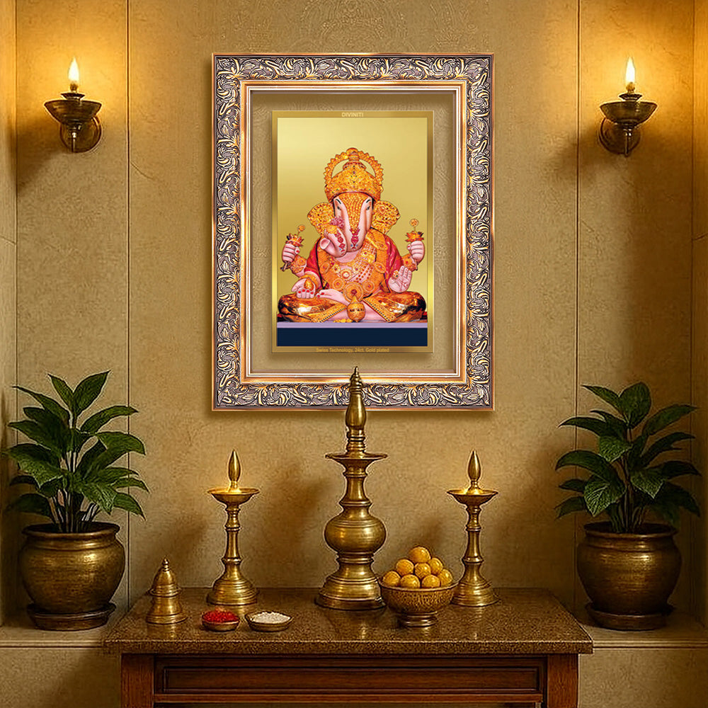 Diviniti 24K Gold Plated Dagadu Ganesha (Classic) Divine Wall Frame for Home Mandir & Office Decor | Luxury Spiritual Gift