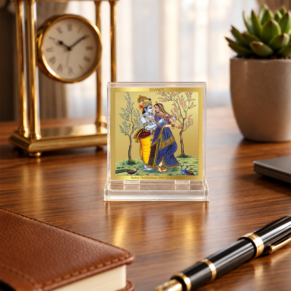 24K Gold-Plated Radha Krishna with Peacock Acrylic Car Dashboard Frame | 6x5 CM
