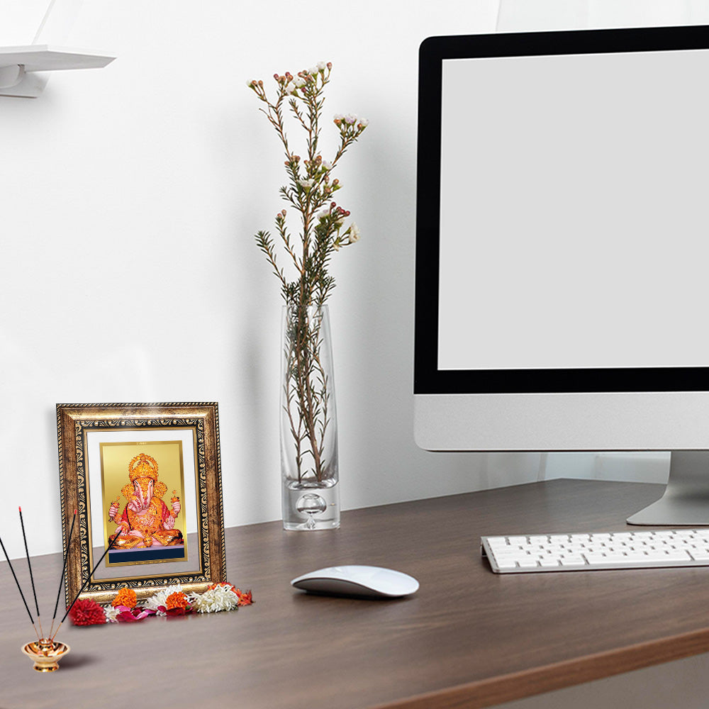 Diviniti 24K Gold Plated Dagadu Ganesha (Classic) Divine Wall and Table Top Frame for Home Mandir & Office Decor | Luxury Spiritual Gift