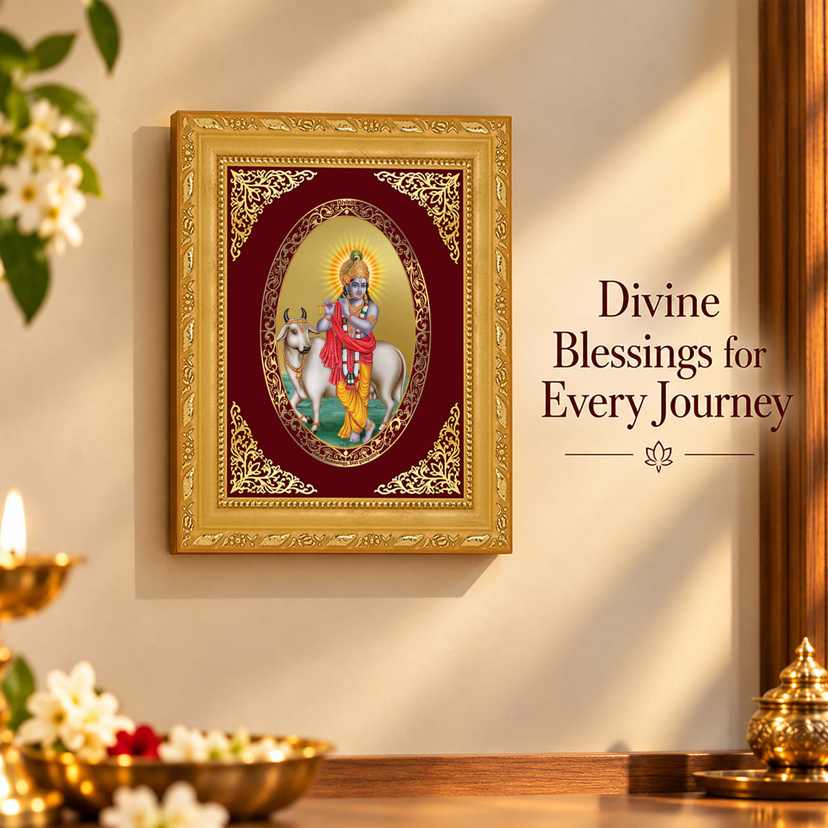 24K Gold-Plated Lord Krishna with Surbhi Cow Frame | Premium Gift Box | 21.5x17.5 CM