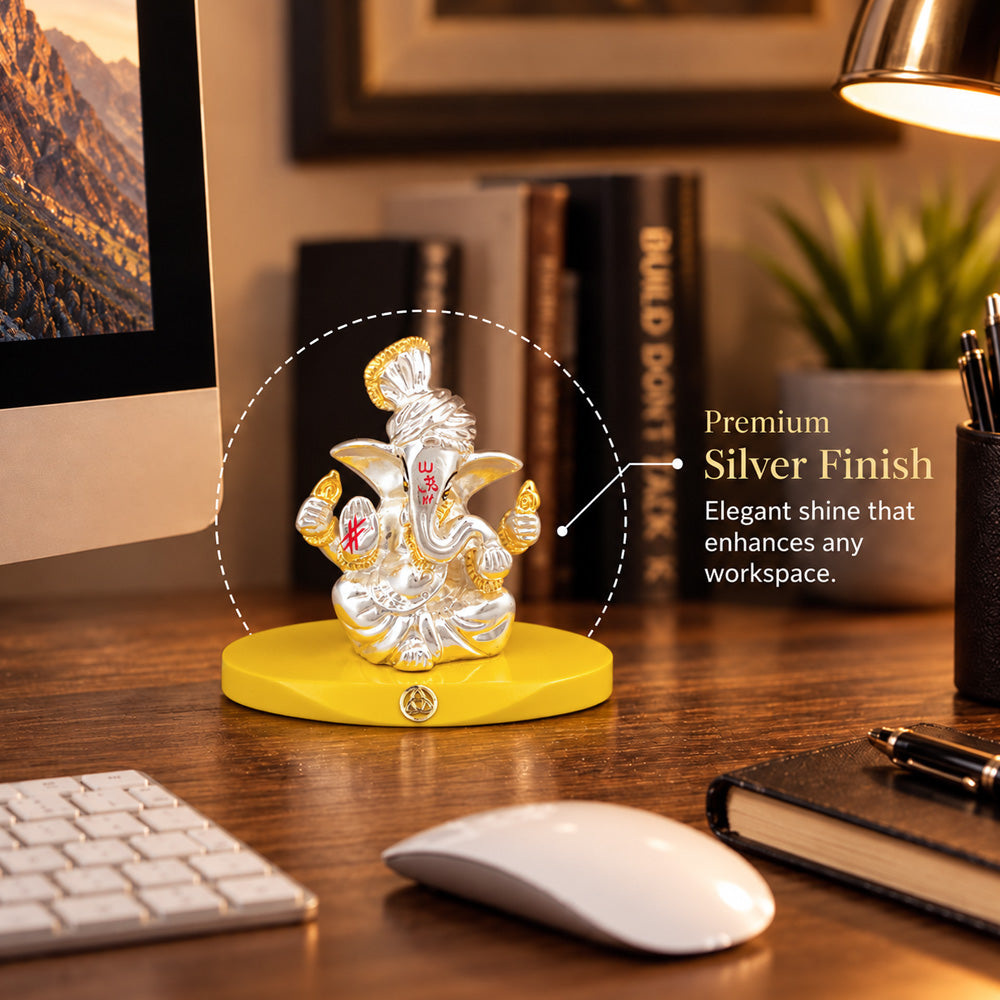 999 Silver-Plated Pagdi Ganesha Idol | Car & Home Décor | Gift Box | 7x7 CM