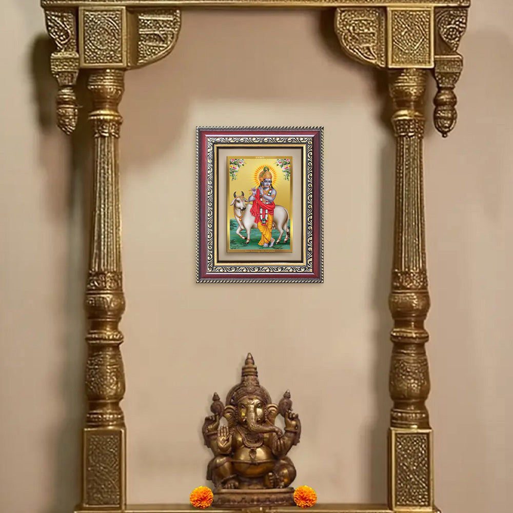 Diviniti 24K Gold Plated Krishna With Surbhi Cow (Classic) Divine Wall and Table Top Frame for Home Mandir & Office Decor | Luxury Spiritual Gift