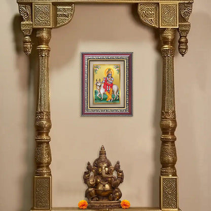 Diviniti 24K Gold Plated Krishna With Surbhi Cow (Classic) Divine Wall and Table Top Frame for Home Mandir & Office Decor | Luxury Spiritual Gift