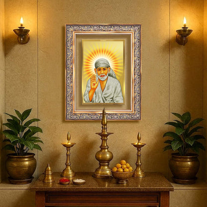 Diviniti 24K Gold Plated Sai Baba With Blessings (Classic) Divine Wall Frame for Home Mandir & Office Decor | Luxury Spiritual Gift