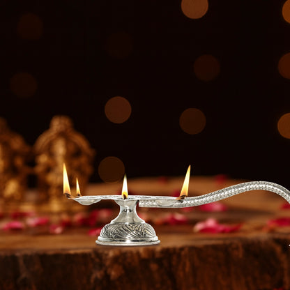 Pure Silver | 6 Mukhi Arti Diya for Puja Room |Spiritual Decor | Home Temple | Festive Decor (264 g)