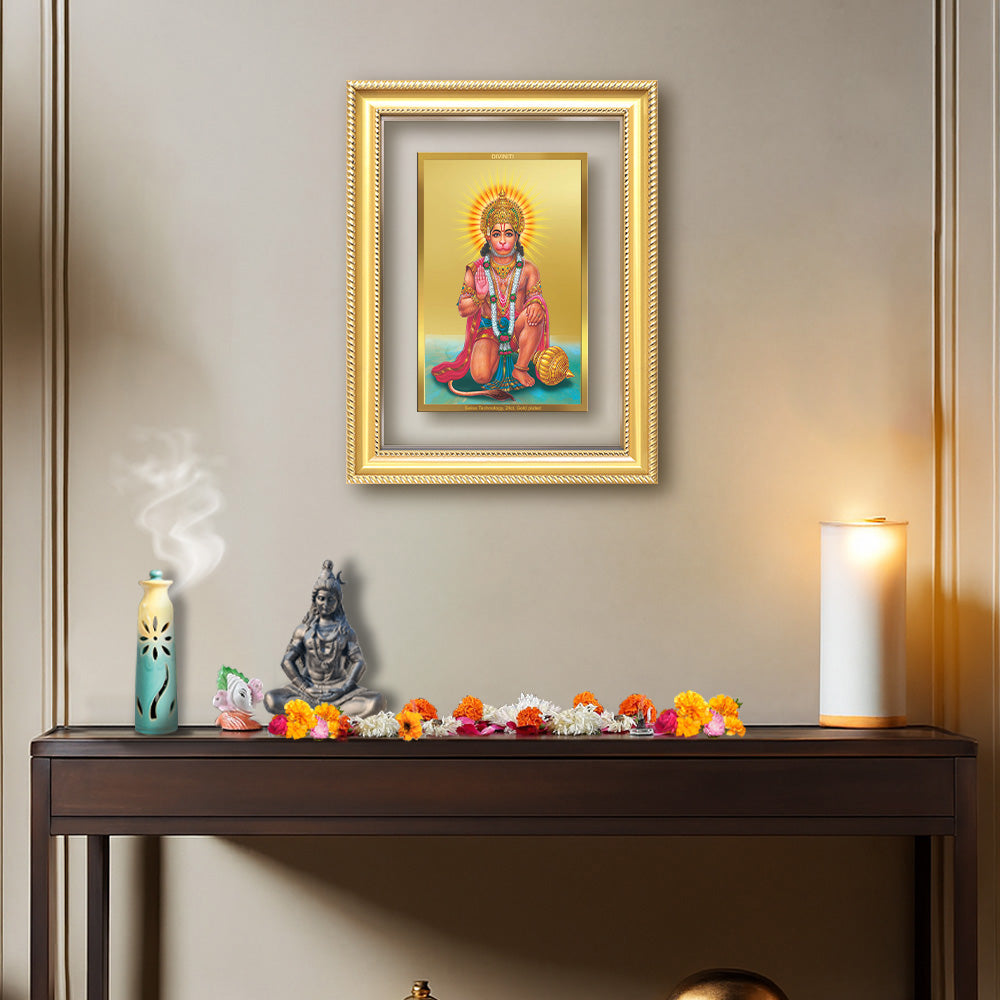 Diviniti 24K Gold Plated Ashirwad Hanuman (Classic) Divine Wall Frame for Home Mandir & Office Decor | Luxury Spiritual Gift