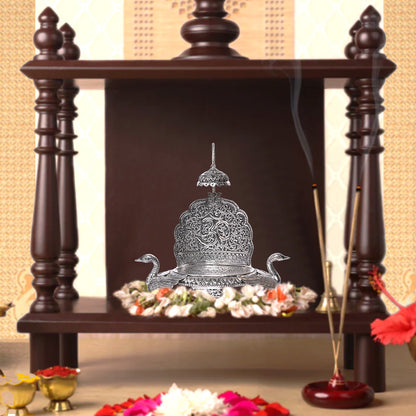 Pure Silver Singhasan Mandir Vintage Om & Swan Design Divine Pooja Stand Handcrafted Temple Art (36x10x27 cm,656g)