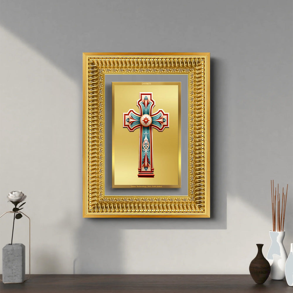 Diviniti 24K Gold Plated Holy Cross (Classic) Divine Wall Frame for Home Mandir & Office Decor | Luxury Spiritual Gift