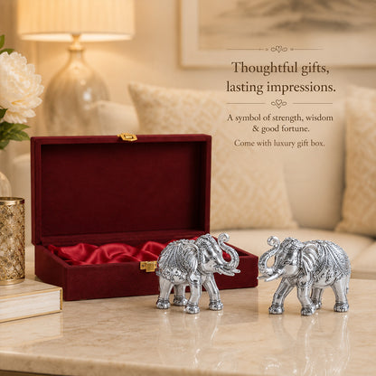 Diviniti 999 Silver Plated Antique Elephant Pair Showpiece for Home Décor With Gift Box