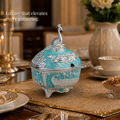 Diviniti Luxury Silver-Plated Peacock Sugar Bowl | Turquoise Lidded Serving Pot for Festive & Wedding Gifting