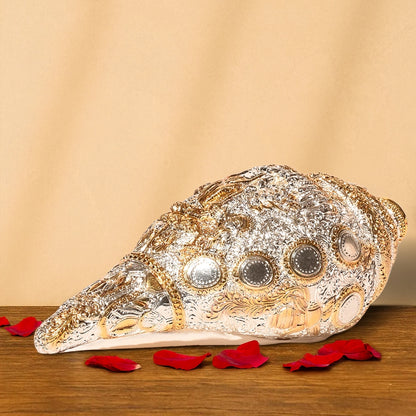 Divine 24K Gold & Silver Plated Embossed Shankh with Intricate God Figurine | Ornate Spiritual Conch for Temple & Home Décor