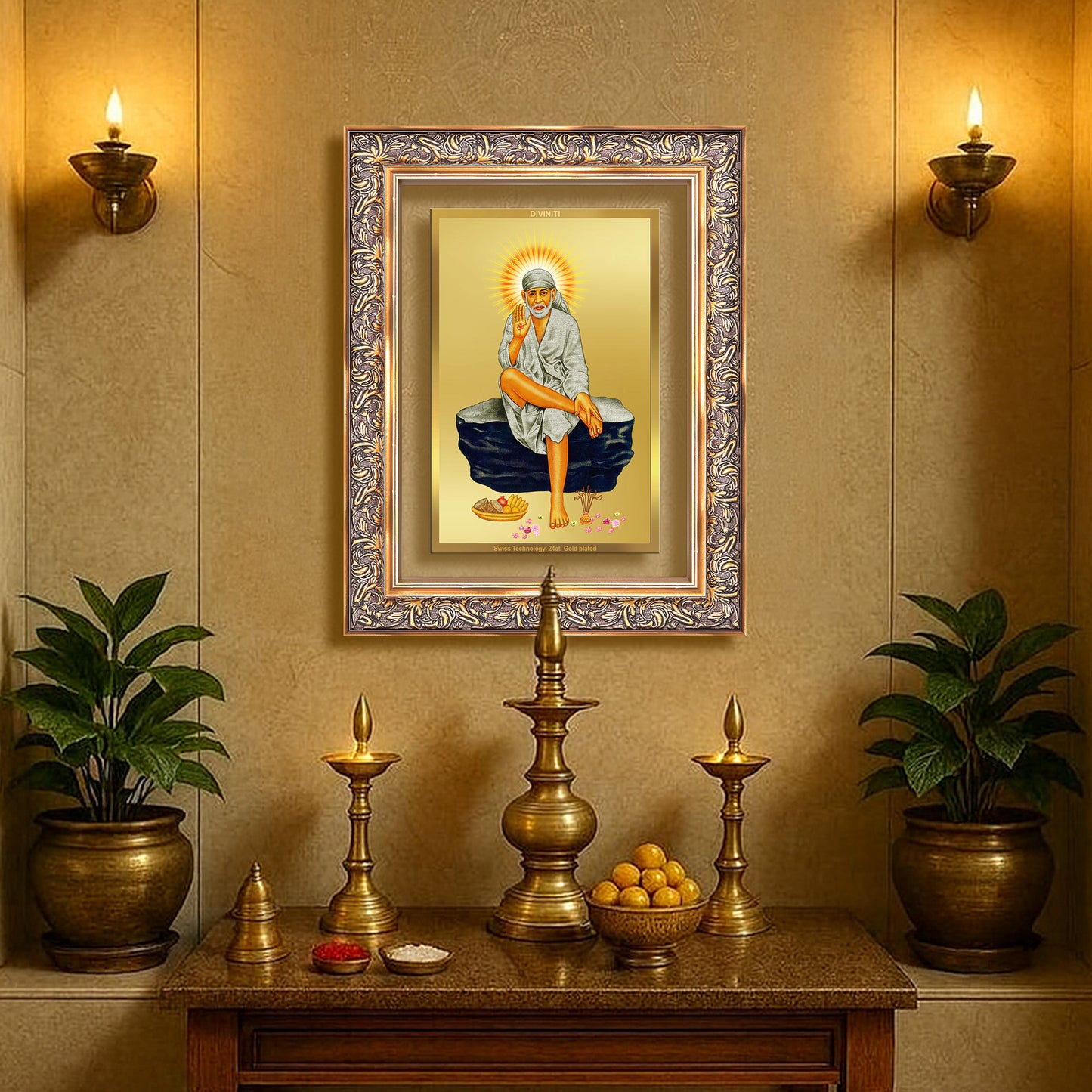 Diviniti 24K Gold Plated Sai Baba (Classic) Divine Wall Frame for Home Mandir & Office Decor | Luxury Spiritual Gift