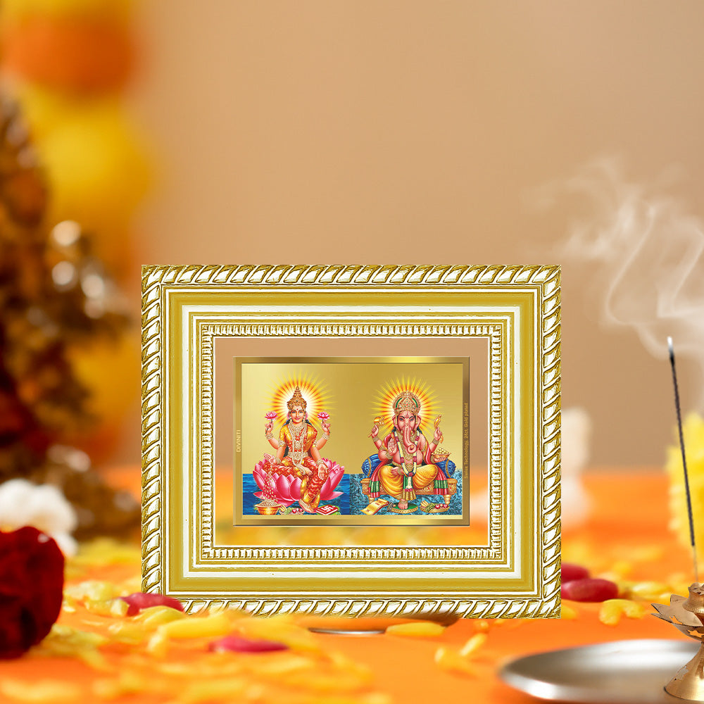 Diviniti 24K Gold Plated Lakshmi Ganesha Divine Table Top Frame for Home Mandir & Office Decor | Luxury Spiritual Gift