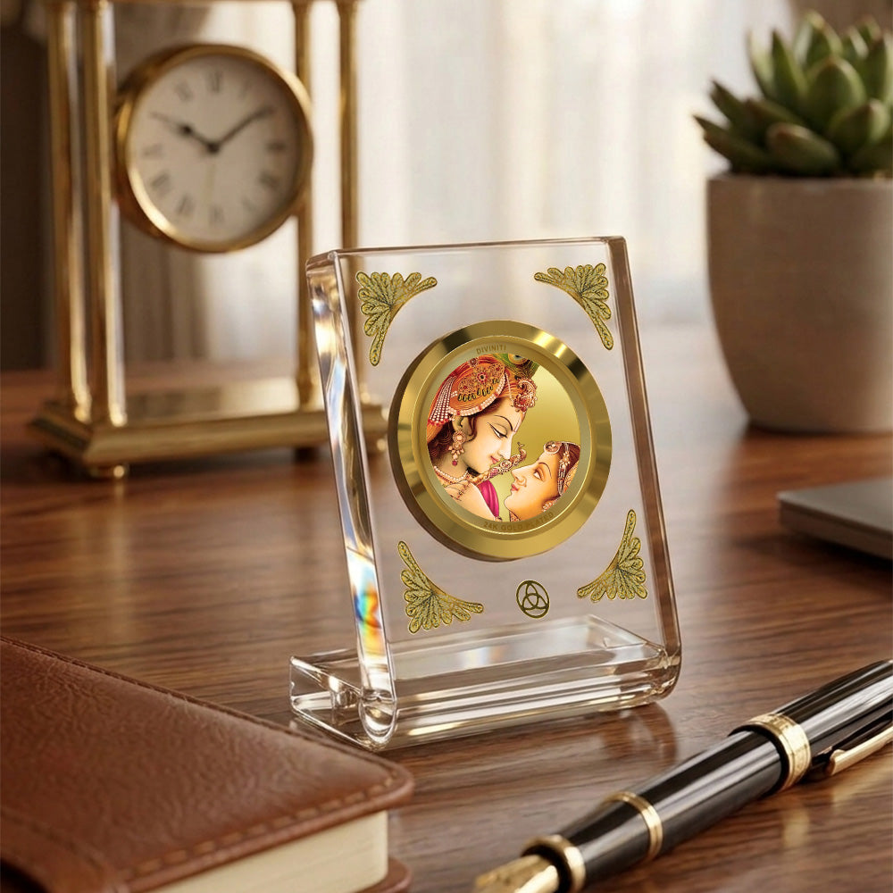 24K Gold Plated Radha Krishna Acrylic Car Dashboard Frame | 8x7 CM