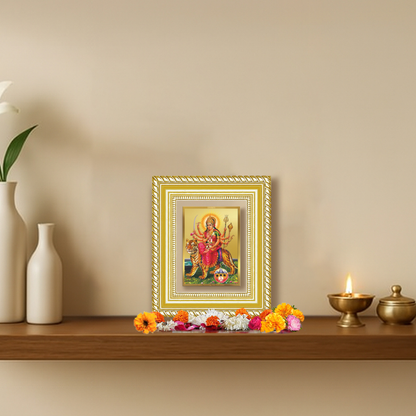 Diviniti 24K Gold Plated Durga - Sherawali Mata With Pind Divine Table Top Frame for Home Mandir & Office Decor | Luxury Spiritual Gift
