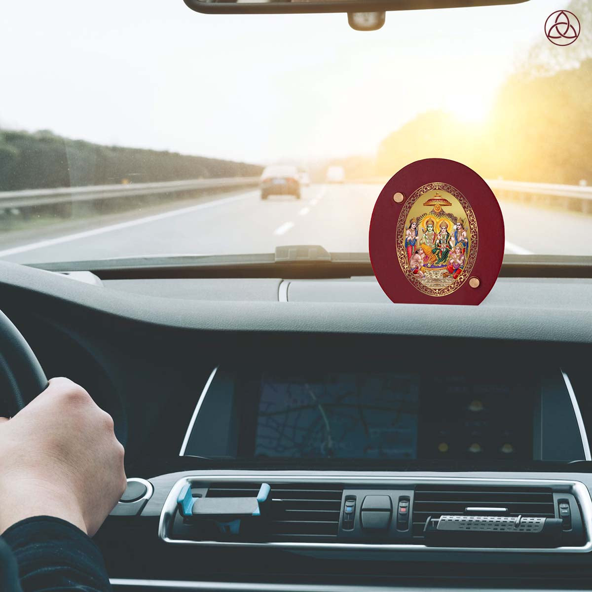 Ram Darbar Car Dashboard Photo Frame in 24K gold-plated foil, enhancing spiritual presence while driving.