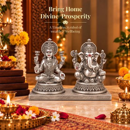 999 Silver-Plated Antique Laxmi Ganesha Idol | Premium Gift Box | 10x13 CM
