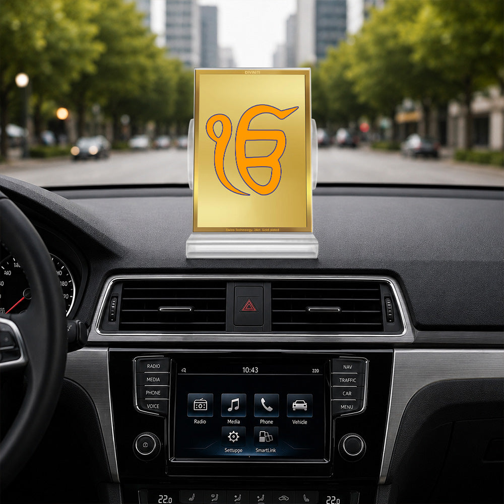 24K Gold-Plated Ik Onkar Acrylic Car Dashboard Frame | 11x7 CM