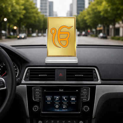 24K Gold-Plated Ik Onkar Acrylic Car Dashboard Frame | 11x7 CM