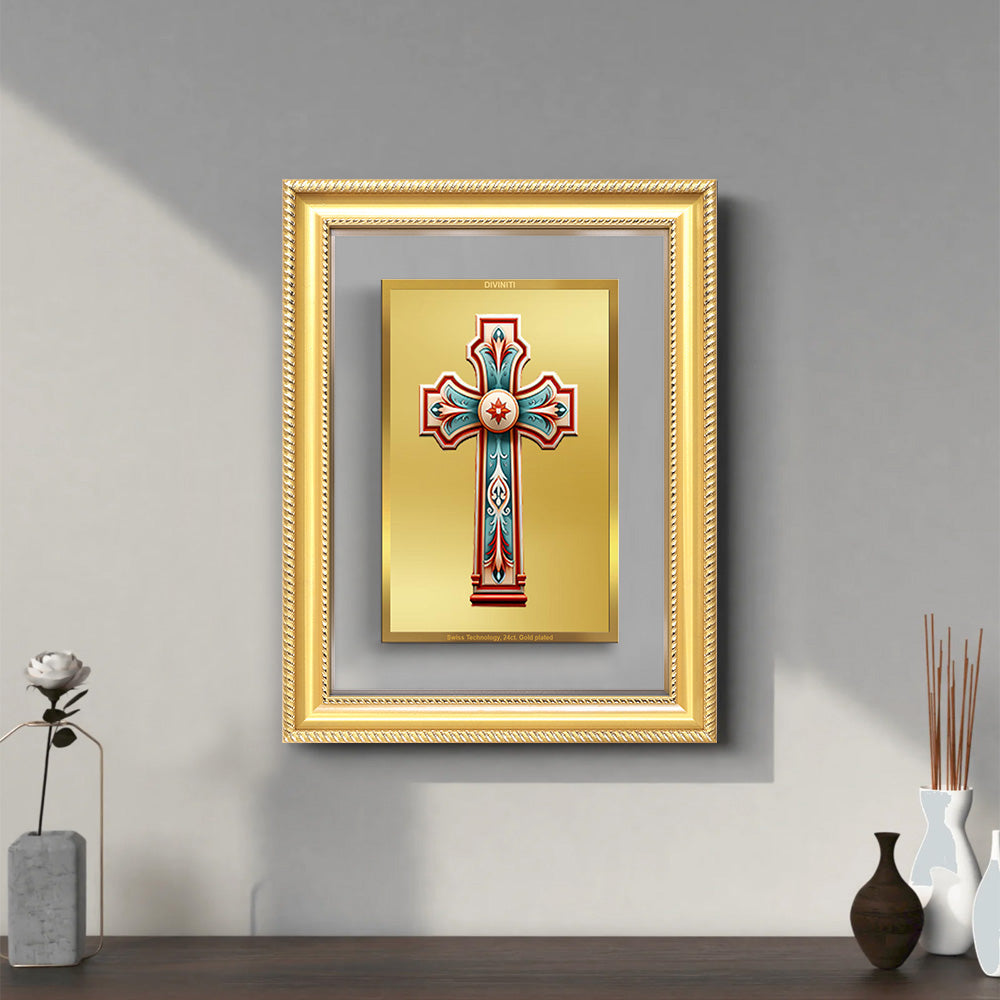 Diviniti 24K Gold Plated Holy Cross (Classic) Divine Wall Frame for Home Mandir & Office Decor | Luxury Spiritual Gift
