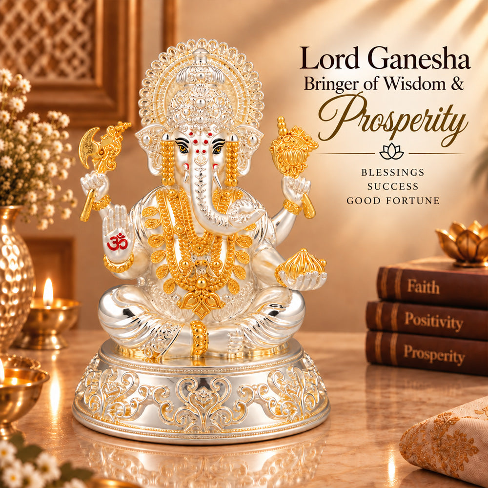 999 Silver-Plated Dual-Tone Lord Ganesha Idol | Premium Gift Box | 15x12 CM