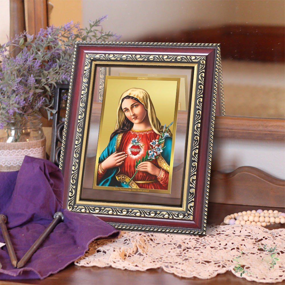 Diviniti 24K Gold Plated Mother Mary (Classic) Divine Wall and Table Top Frame for Home Mandir & Office Decor | Luxury Spiritual Gift