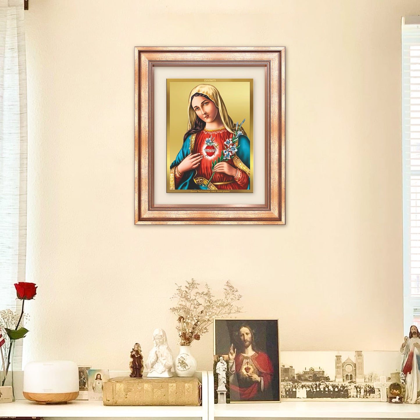 Diviniti 24K Gold Plated Mother Mary (Classic) Divine Wall Frame for Home Mandir & Office Decor | Luxury Spiritual Gift
