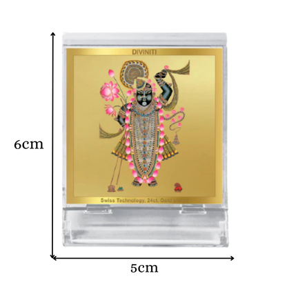 Diviniti 24K Gold Plated Foil Shrinathji Acrylic Frame for Car Dashboard, Home Decor, Tabletop, Puja Room, Festival Gift ACF3A