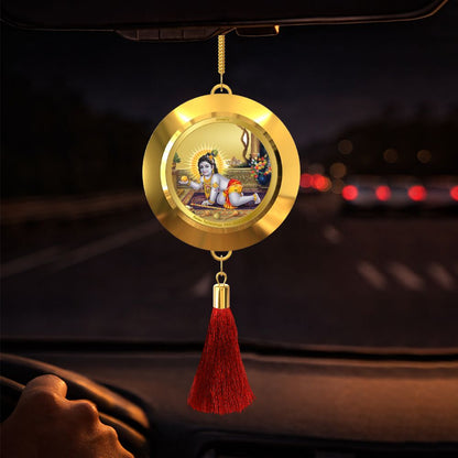 Diviniti 24K Gold Plated Double-Sided Radha Krishna & Laddu Gopal Car Dangler (5.5 cm) | Divine Hanging Car Decor for Protection, Positive Energy & Spiritual Blessings