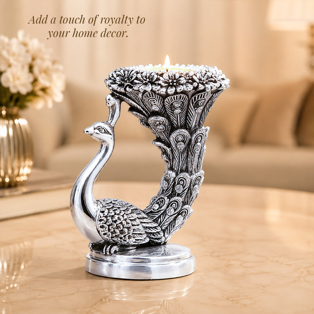 999 Silver-Plated Antique Peacock Candle Holder Pair | Premium Gift Box | 10x8 CM