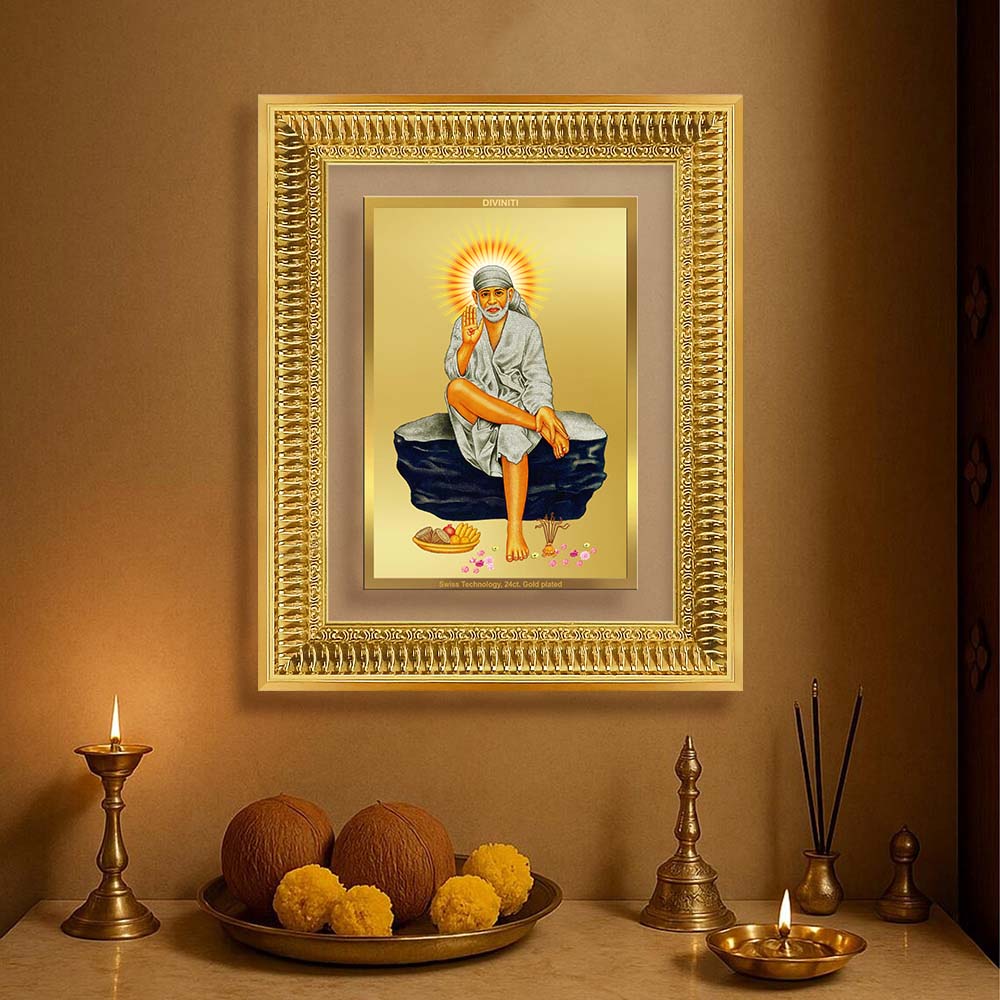 Diviniti 24K Gold Plated Sai Baba (Classic) Divine Wall Frame for Home Mandir & Office Decor | Luxury Spiritual Gift