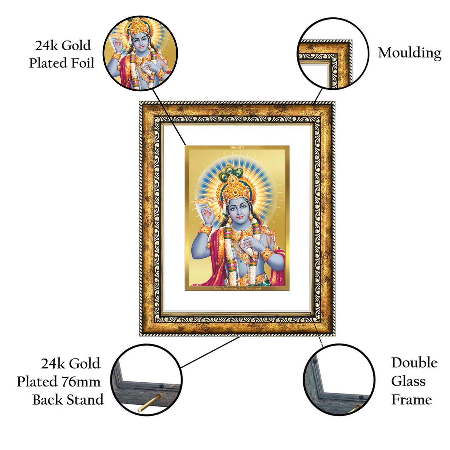 DIVINITI 24K Gold Plated Foil Vishnu Wall Photo Frame for Home Decor, Wall Hanging, Table Top, Puja Room & Gift DG113S3 (27.6X35.4 CM)