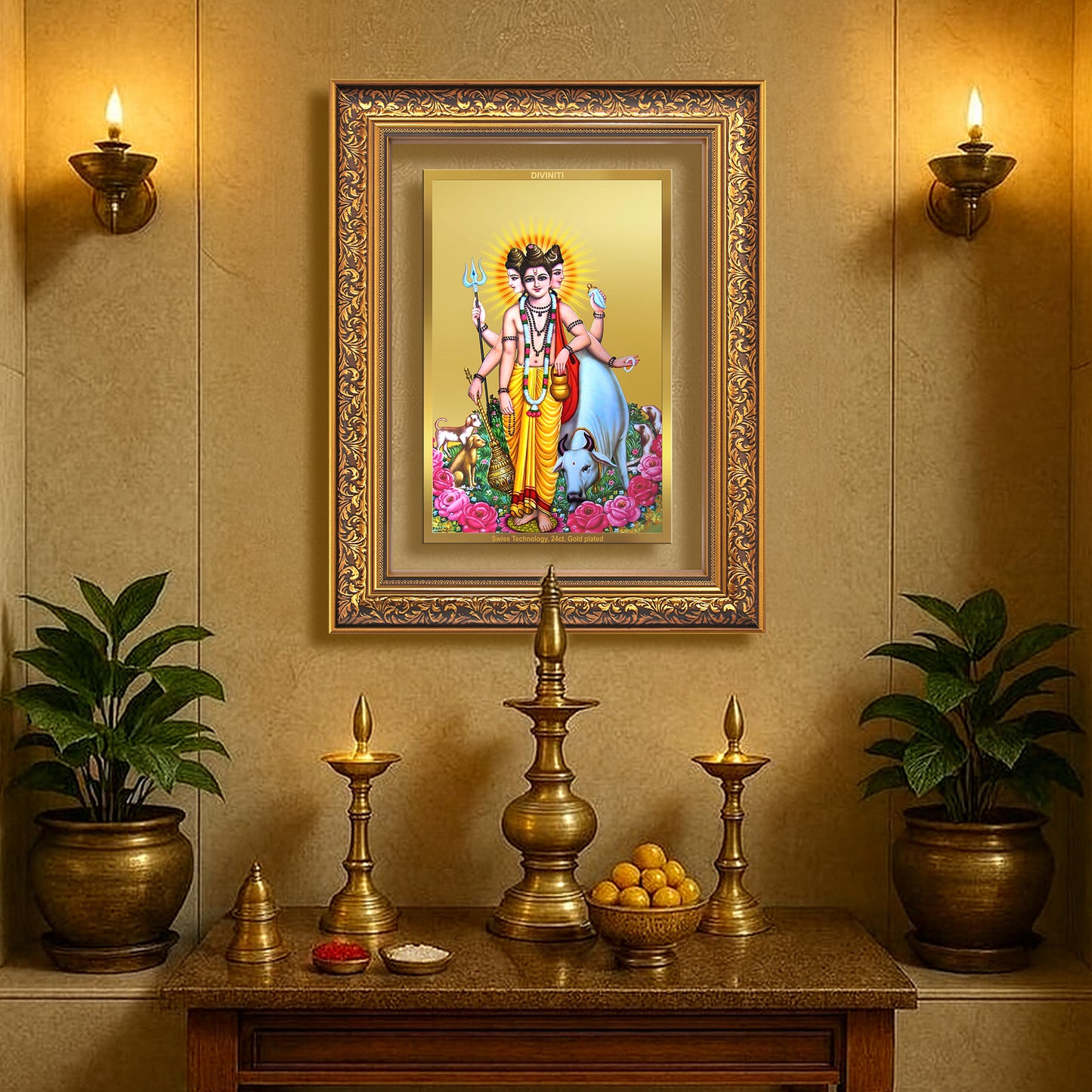 Dattatreya with Kamadhenu | Shri Dattatreya Wall Mount Photo Frame in 24K Gold Plated Foil