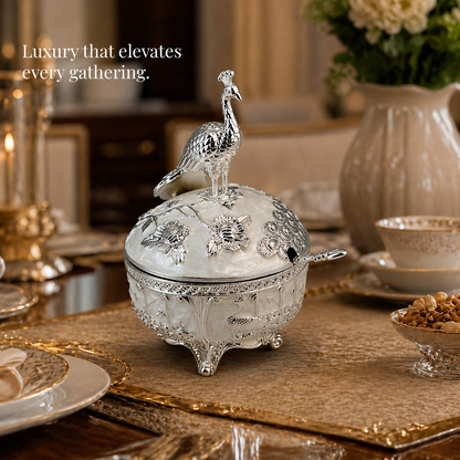 Diviniti Luxury Silver-Plated Peacock Sugar Bowl | Elegant White Lidded Serving Pot for Festive Gifting